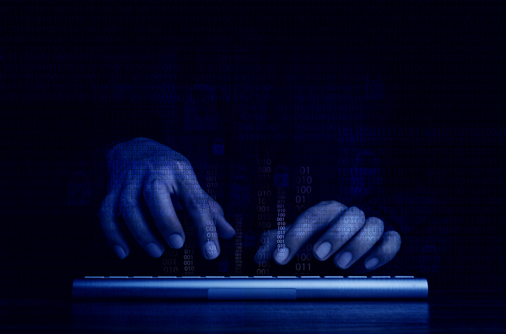 Cyberattack and internet crime, hacking and malware concepts. Digital binary code data numbers and secure lock icons on hacker' hands working with keyboard computer on dark blue tone background dark web infiniwiz