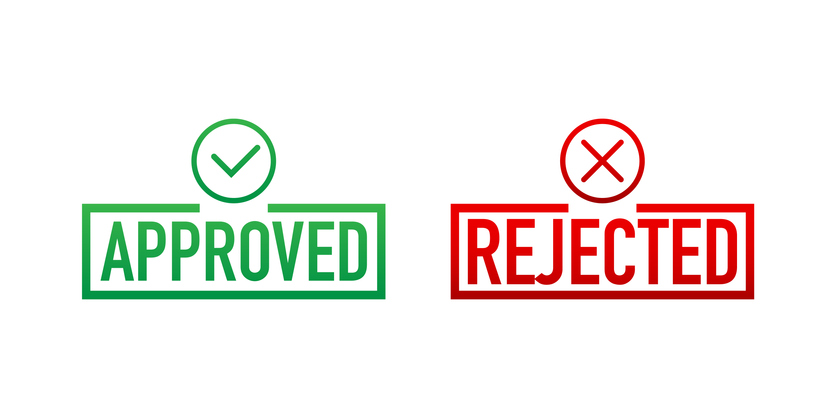 approved rejected check red x green Infiniwiz white background Approved and rejected label sticker icon. Vector stock illustration.