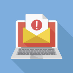 Laptop with envelope and document with exclamation mark on screen. Receive notification, alert message, warning, get e-mail, email, spam concepts. Flat design vector illustration junk mail msp infiniwiz