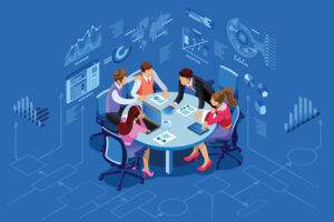Isometric people team contemporary management concept. Can use for web banner, infographics, hero images. Flat isometric vector illustration isolated on blue background. small team infiniwiz msp