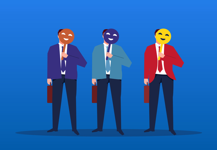 Three businessmen holding masksthree figures masks suitcase blue background