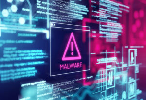 A computer screen with program code warning of a detected malware script program. 3d illustrationmalware warning digital blue pink msp 