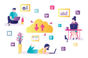 Cloud data storage. Group of business people working online. Download and upload data, information via internet. Cloud computing concept. Remote work. File hosting service. Trendy Vector illustration. OneDrive SharePoint