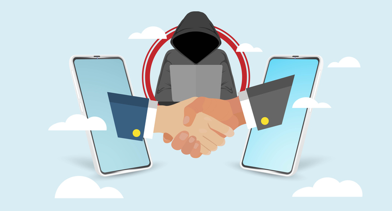 Vector illustration of hacker penetrating a hand shake of two mobile phone. Cybersecurity concept. Unsecure connection spoofing 