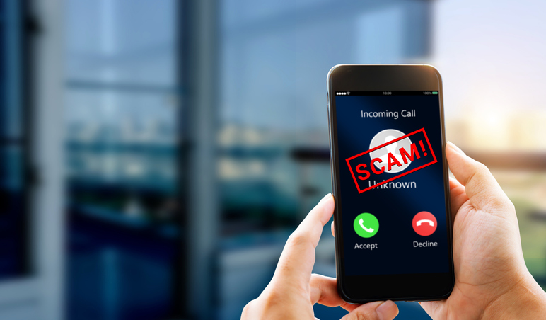 Unknown caller show on mobile phone screen. scam call social engineer