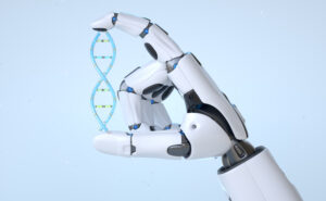 Robot android hand holding cyber DNA. 3D illustration