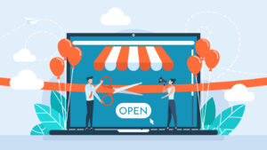 Grand opening concept. New online store, website, account. A businessman holding scissors in his hand cuts a red ribbon. The ceremony, celebration, presentation, and event. Vector flat illustration