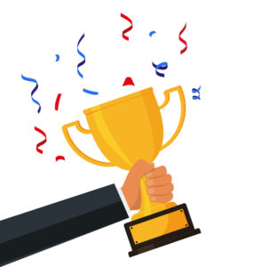 Hand holding Winner's trophy icon. The golden trophy vector is a symbol of victory in a sports event.
