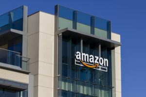 Palo Alto, CA, USA - Feb 18, 2020: The Amazon logo seen at Amazon campus in Palo Alto, California. The Palo Alto location hosts A9 Search, Amazon Web Services, and Amazon Game Studios teams.