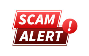 Banner with red scam alert. Attention sign. Cyber security icon. Caution warning sign sticker. Flat warning symbol. Vector stock illustration