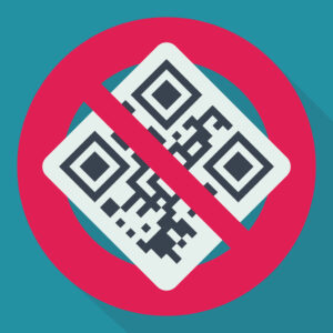 Red circular prohibition symbol with a crossed out QR-code label on a blue background with shadow in flat design style