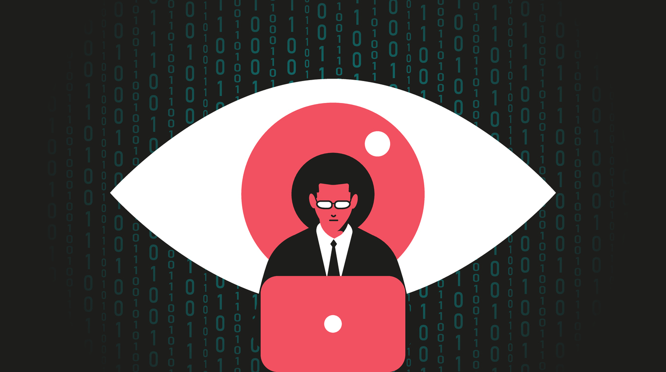 Giant eye watching at man working at the computer. Surveillance, hacking, internet security concept. Flat vector illustration.