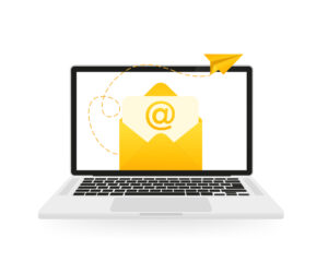 Email mail on a laptop with mail envelope. Computer and document on screen. Email concept. Vector illustration