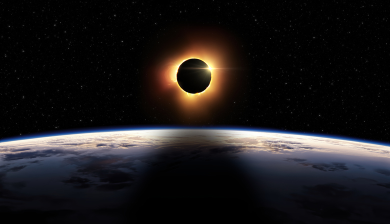 Total solar eclipse. The Moon covers the Sun, 3D illustration